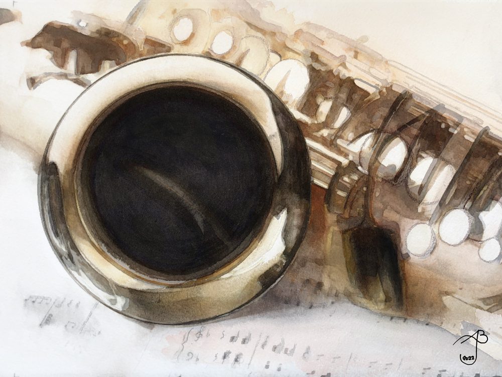 Painting of a Saxophone and Sheet Music